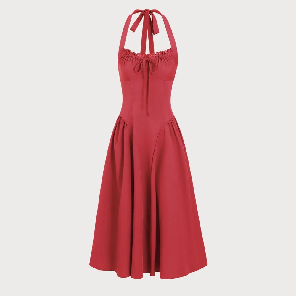 Rihoas Red Ruched Halter Midi Dress - Picture 5 of 8